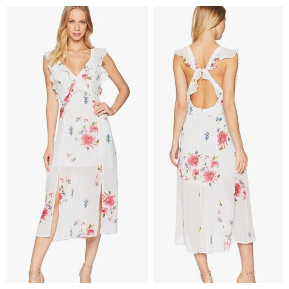ASTR The Label Milani Dress Sheer Open Back Flowy Ruffle Floral Lined Slit Small
